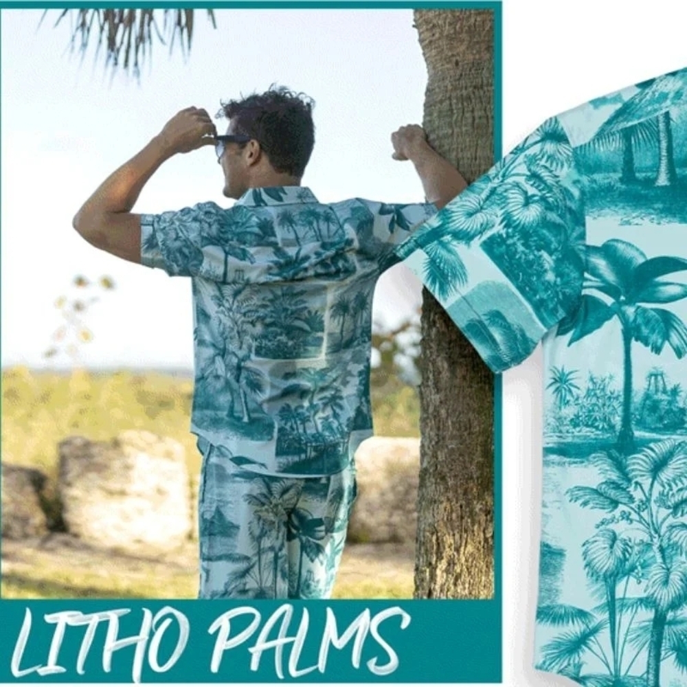 NWOT RSVLTS Men's 2XL Litho Palms Kunuflex All Over Print Short Sleeve